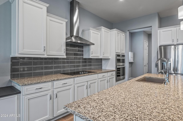 kitchen with appliances with stainless steel finishes, light stone counters, wall chimney exhaust hood, sink, and white cabinetry