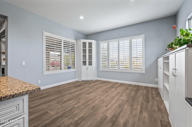 unfurnished dining area featuring dark wood-type flooring