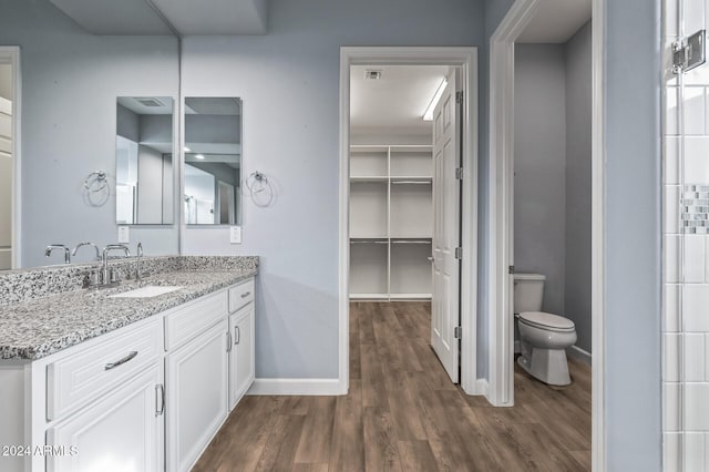 bathroom featuring vanity, toilet, and wood-type flooring