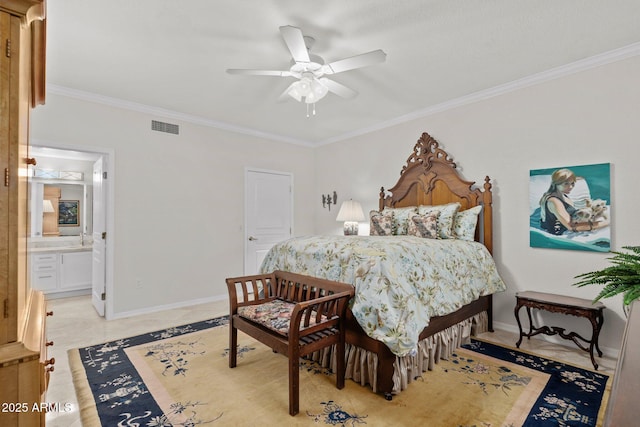 bedroom featuring ornamental molding, ceiling fan, and ensuite bathroom