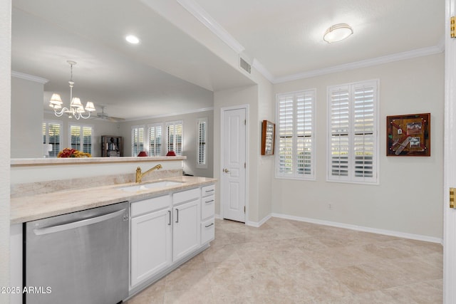 kitchen featuring sink, crown molding, dishwasher, light stone counters, and white cabinets