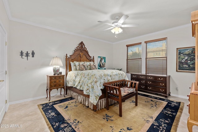 bedroom with ornamental molding, ceiling fan, and light tile patterned flooring