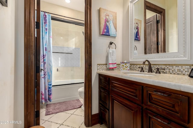 full bathroom with tasteful backsplash, vanity, shower / tub combo with curtain, and toilet