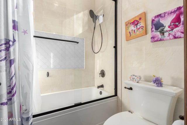 bathroom featuring toilet and shower / bathtub combination with curtain