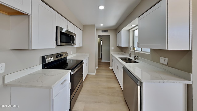 kitchen featuring white cabinets, light hardwood / wood-style floors, sink, and stainless steel appliances