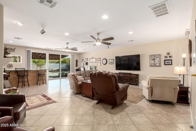 2075 W Silverlode Dr, Wickenburg, AZ 85390 - living area featuring recessed lighting, light tile patterned floors, and a ceiling fan
