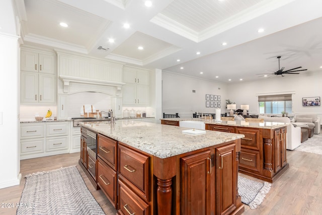 kitchen featuring light stone countertops, ceiling fan, light hardwood / wood-style floors, and a spacious island