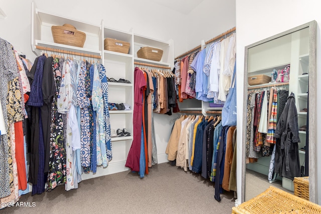 walk in closet featuring light carpet