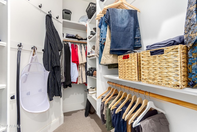 spacious closet featuring light carpet