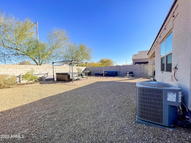 view of yard featuring cooling unit, a pergola, and a patio