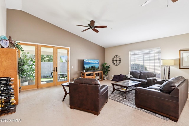11861 E Becker Ln, Scottsdale, AZ 85259 - carpeted living area featuring ceiling fan, vaulted ceiling, and french doors