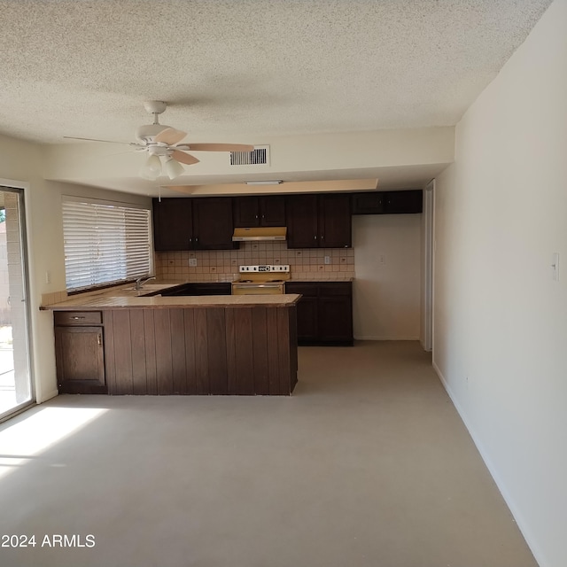 kitchen featuring dark brown cabinetry, ceiling fan, kitchen peninsula, stainless steel electric range, and backsplash