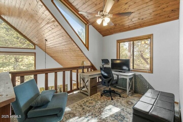 office with ceiling fan, wooden ceiling, carpet floors, and vaulted ceiling