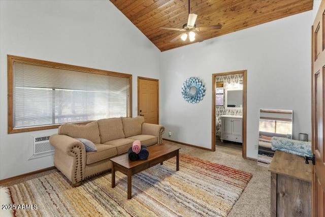 carpeted living room with wooden ceiling, ceiling fan, high vaulted ceiling, and a wall mounted air conditioner