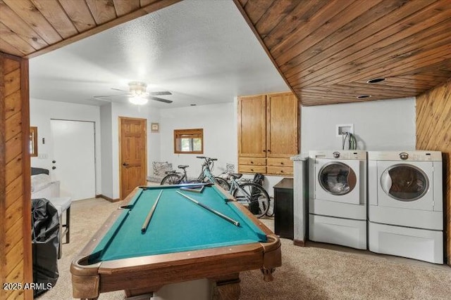 rec room featuring wood ceiling, washing machine and dryer, billiards, ceiling fan, and light colored carpet