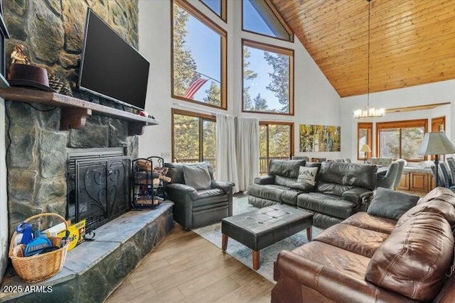 living room with a notable chandelier, wooden ceiling, light hardwood / wood-style flooring, and high vaulted ceiling