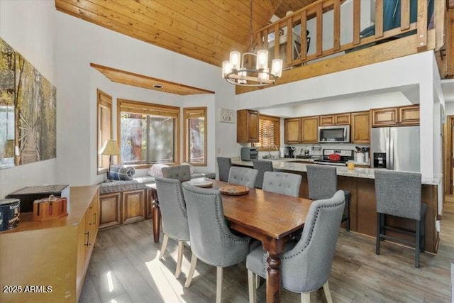 dining space featuring high vaulted ceiling, a chandelier, light hardwood / wood-style flooring, and wood ceiling