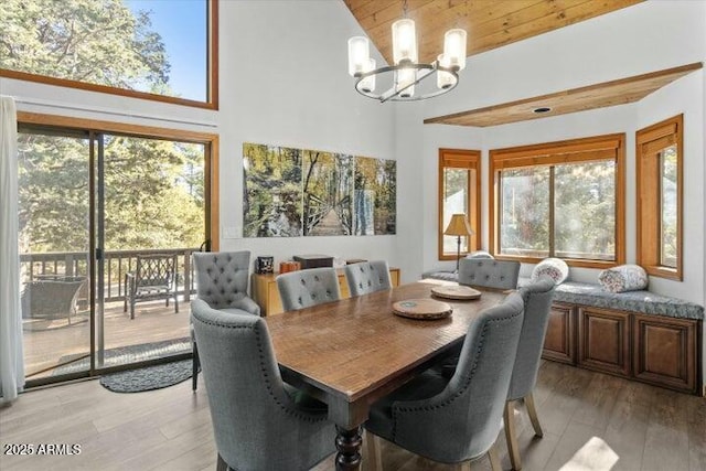 dining area with light wood-type flooring, an inviting chandelier, wood ceiling, and high vaulted ceiling