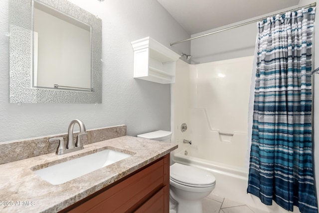 full bathroom with toilet, shower / tub combo, vanity, and tile patterned floors