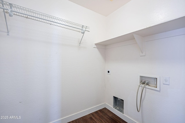 laundry area featuring laundry area, baseboards, dark wood finished floors, hookup for a washing machine, and electric dryer hookup