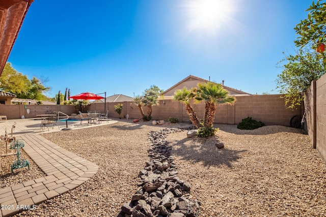 view of yard featuring a patio area and a fenced in pool