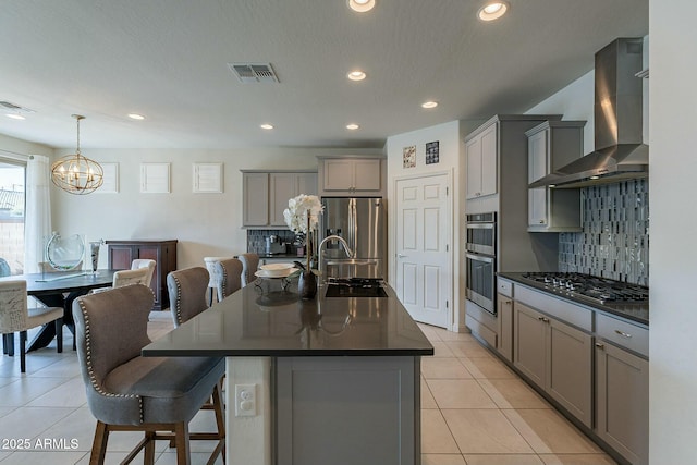 kitchen featuring pendant lighting, gray cabinetry, stainless steel appliances, a center island with sink, and wall chimney exhaust hood