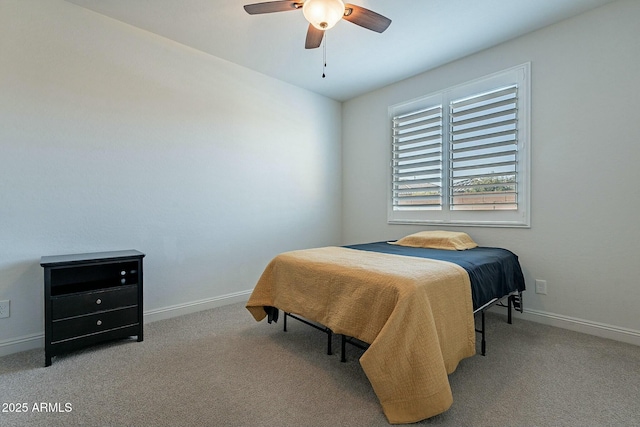 bedroom featuring light carpet and ceiling fan