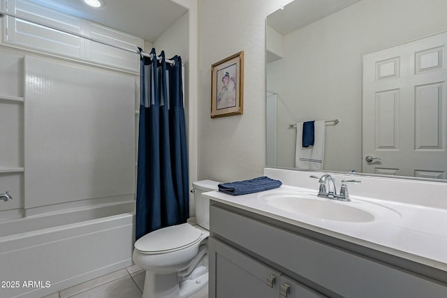 full bathroom featuring tile patterned floors, toilet, shower / tub combo, and vanity