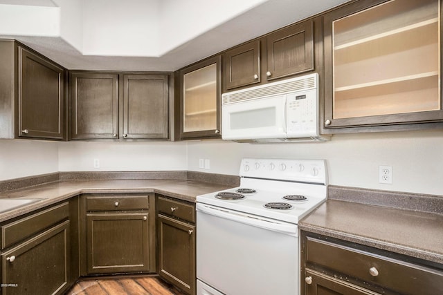 kitchen featuring white appliances, wood-type flooring, and dark brown cabinets