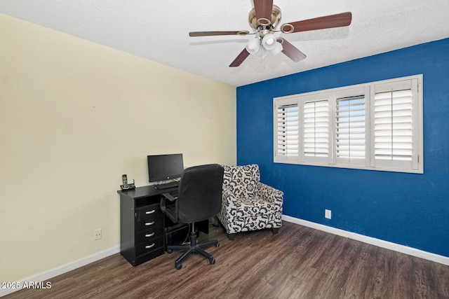 office featuring ceiling fan, dark hardwood / wood-style floors, and a textured ceiling