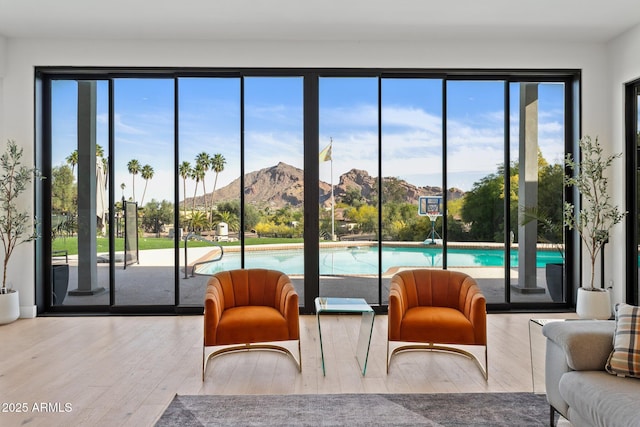 interior space featuring a mountain view, wood finished floors, and a healthy amount of sunlight