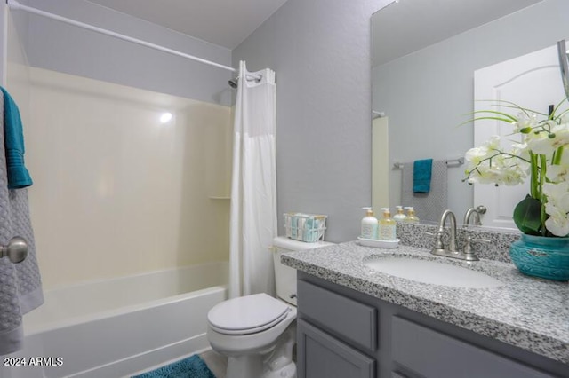 full bathroom with vanity, toilet, and shower / bathtub combination with curtain