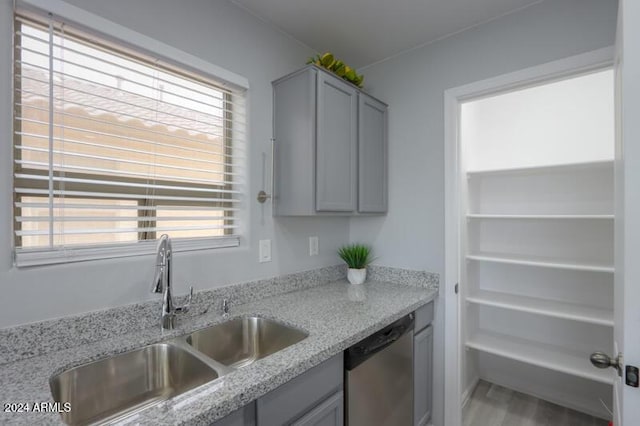 kitchen with gray cabinetry, dishwasher, sink, and a healthy amount of sunlight