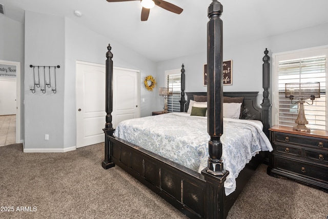 bedroom featuring carpet, lofted ceiling, and ceiling fan