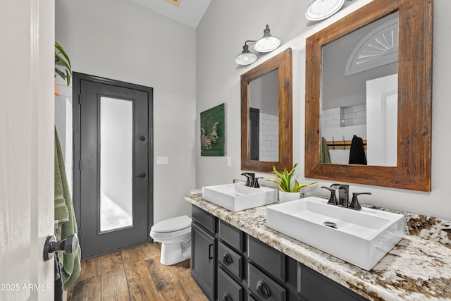 bathroom with wood-type flooring, toilet, and vanity