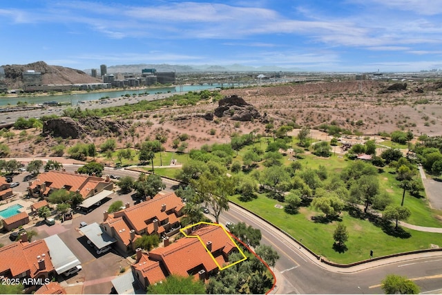 609 E Mesquite Cir Unit D132, Tempe, AZ 85288 - aerial view of property's location with a water and mountain view and property parcel outlined