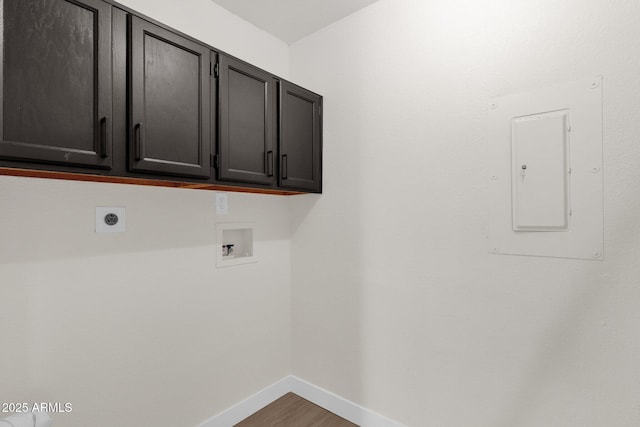 609 E Mesquite Cir Unit D132, Tempe, AZ 85288 - laundry room featuring electric panel, cabinet space, hookup for an electric dryer, washer hookup, and wood finished floors