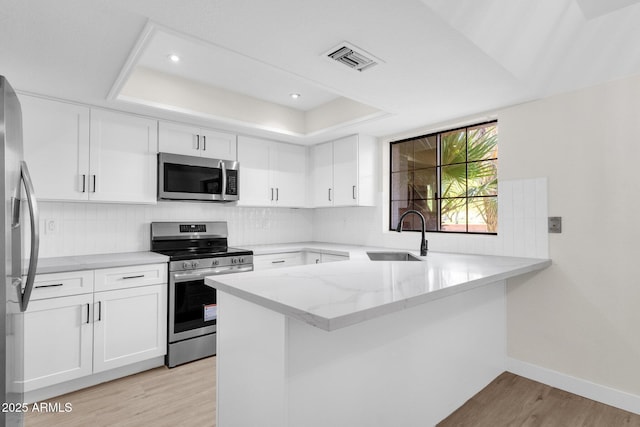609 E Mesquite Cir Unit D132, Tempe, AZ 85288 - kitchen with appliances with stainless steel finishes, a tray ceiling, light wood finished floors, light stone countertops, and a peninsula