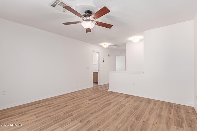 empty room featuring visible vents, baseboards, a ceiling fan, and light wood finished floors