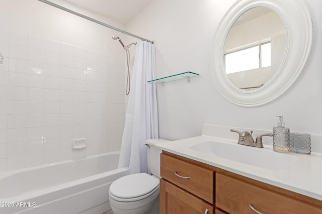 full bath featuring shower / bathtub combination with curtain, toilet, and vanity