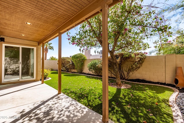 view of yard featuring a patio area and a fenced backyard