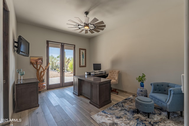 14332 E Bobwhite Way, Scottsdale, AZ 85262 - office space with a ceiling fan, light wood finished floors, and french doors