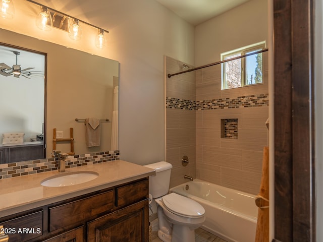 14332 E Bobwhite Way, Scottsdale, AZ 85262 - full bath with backsplash, vanity, shower / bath combination, ceiling fan, and tile patterned floors