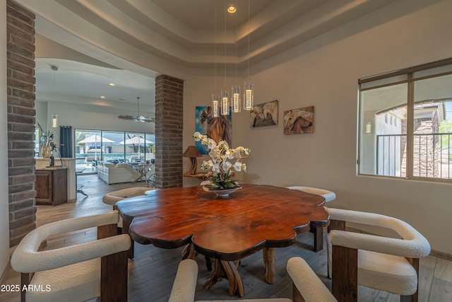 14332 E Bobwhite Way, Scottsdale, AZ 85262 - dining area featuring a ceiling fan, light wood-type flooring, recessed lighting, and a tray ceiling