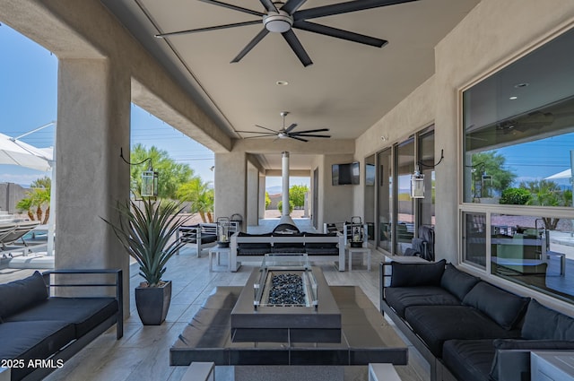 14332 E Bobwhite Way, Scottsdale, AZ 85262 - view of patio featuring an outdoor living space with a fire pit and ceiling fan