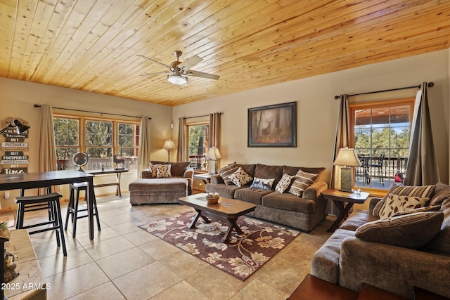 living room with ceiling fan, wooden ceiling, and light tile patterned floors