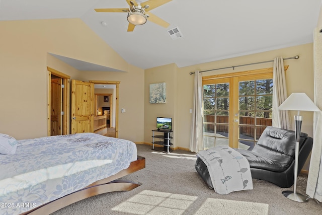 bedroom featuring lofted ceiling, ceiling fan, light carpet, access to outside, and french doors