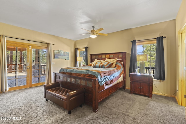 bedroom featuring carpet, access to exterior, and ceiling fan