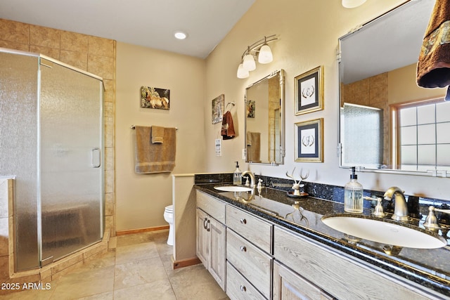 bathroom with an enclosed shower, vanity, and toilet