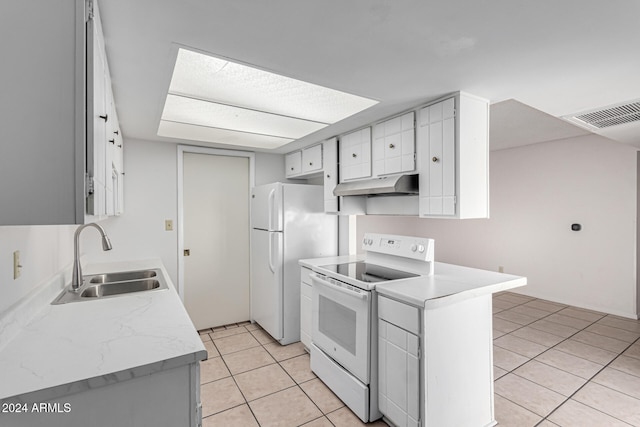 kitchen featuring white cabinets, light tile patterned floors, white appliances, and sink